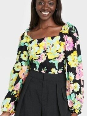 Who What Wear Vibrant Floral Bloom long sleeve blouse